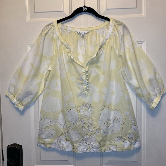 CABI Size XS Yellow White Peasant Blouse Flower Embroidered Shirt Womens - Picture 1 of 11